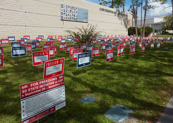 For Freedoms 50 State Initiative at USF installed at USFCAM. photo Wll Lytch