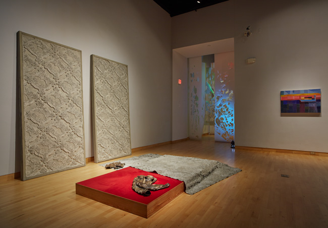 Installation view of Out To Pasture exhibition at USF Contemporary Art Museum. Left to right: Work by Nadia Ivanova,  Erin Oliver, Ian Wilson. Photo: Will Lytch.