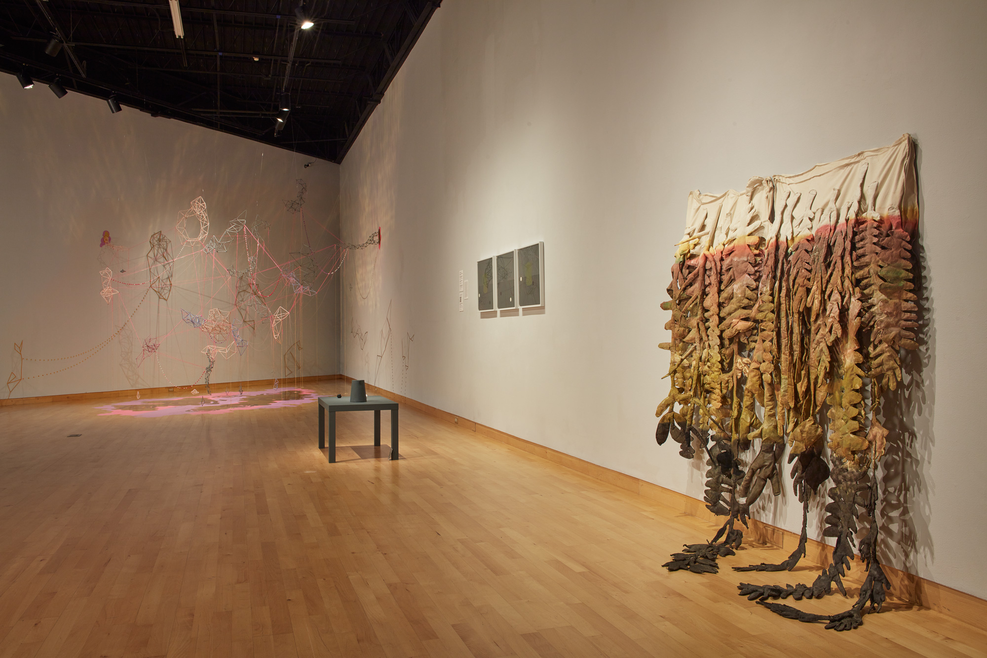 Installation view of Skyway 20/21 exhibition at USF Contemporary Art Museum. Left to right: works by Casey McDonough, Ry McCollough, and Cynthia Mason. Photo: Will Lytch.