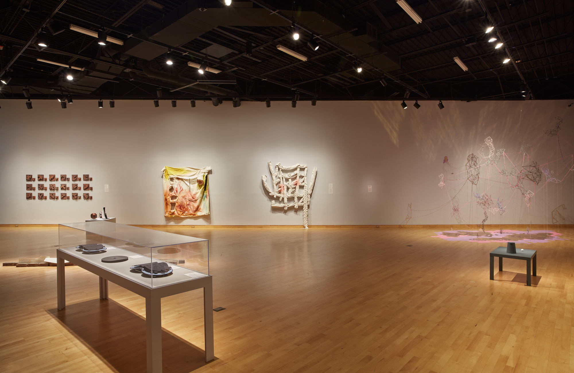 Installation view of Skyway 20/21 exhibition at USF Contemporary Art Museum. Left to right: works by Kodi Thompson, Rosemarie Chiarlone, Cynthia Mason, Casey McDonough, and Ry McCollough. Photo: Will Lytch.