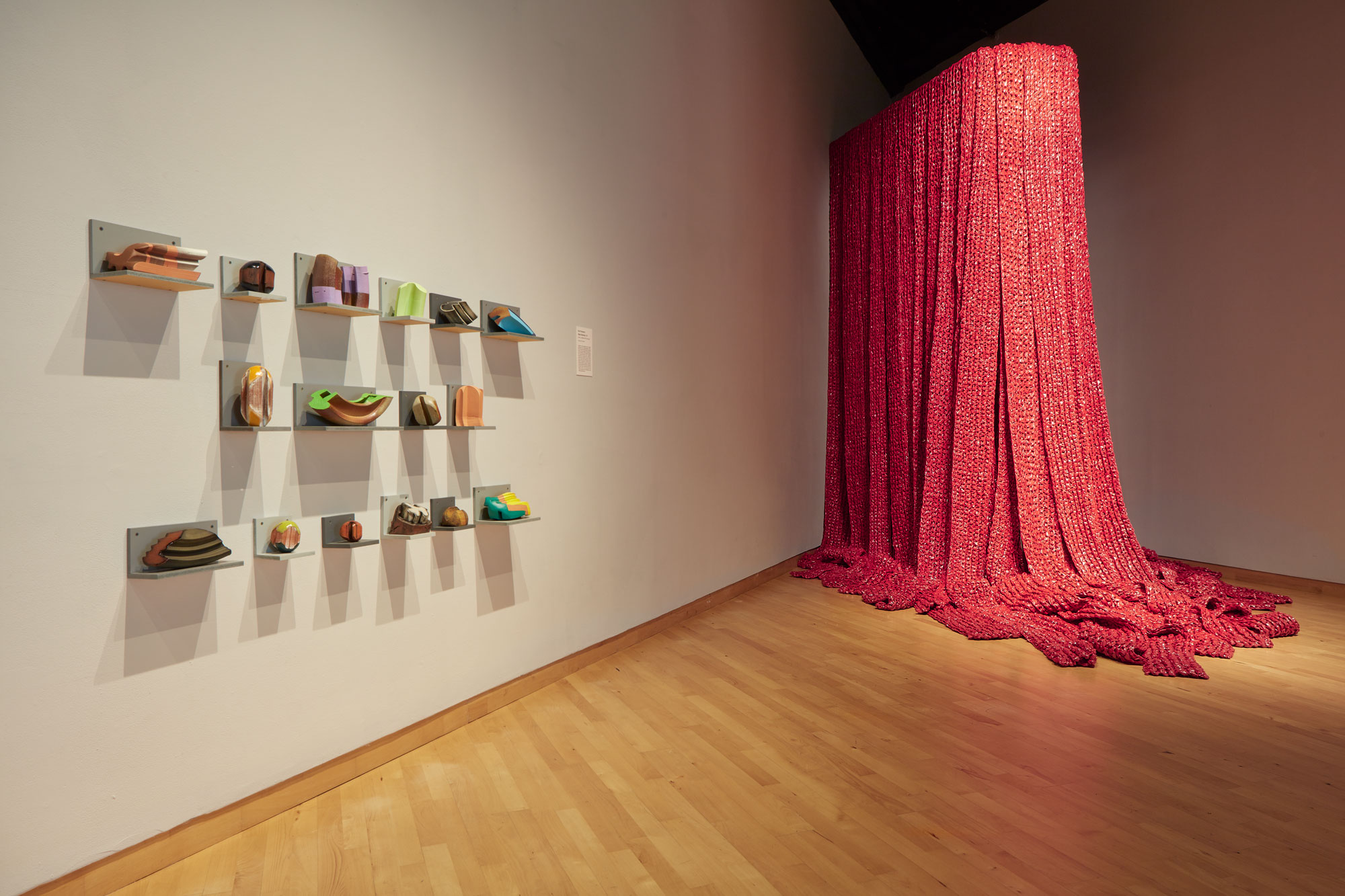Installation view of Skyway 20/21 exhibition at USF Contemporary Art Museum. Left to right: works by Kodi Thompson and Akiko Kotani. Photo: Will Lytch.