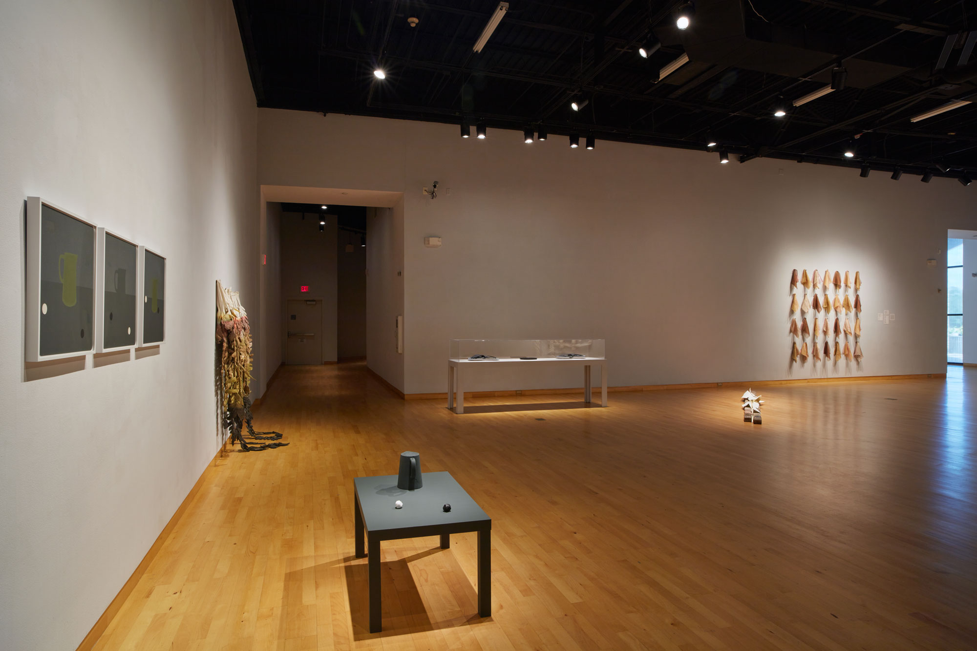 Installation view of Skyway 20/21 exhibition at USF Contemporary Art Museum. Left to right: works by Ry McCullough, Cynthia Mason, and Rosemarie Chiarlone. Photo: Will Lytch.