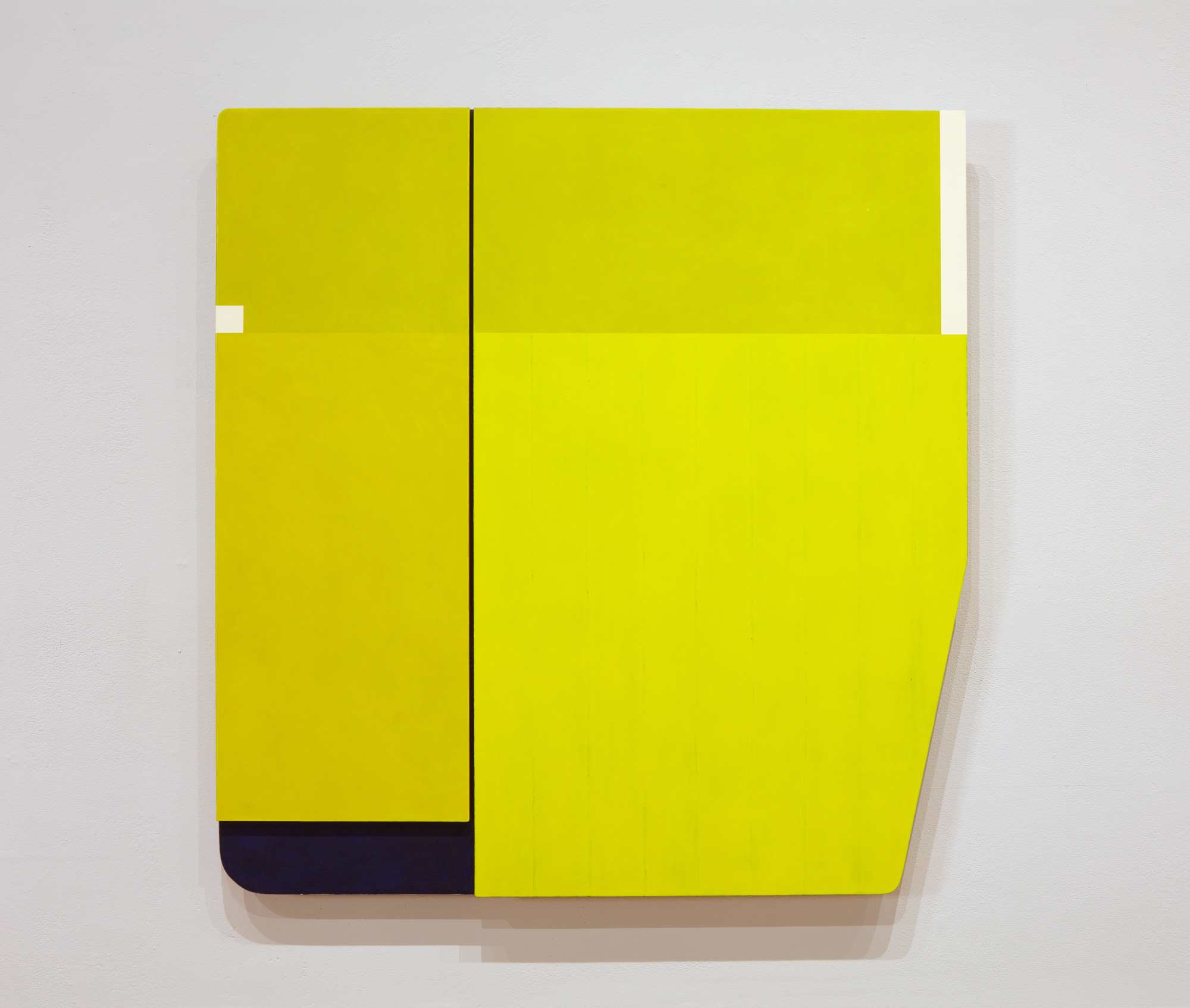 Babette Herschberger. Clipped Yellow, 2021. acrylic on plywood. 47 x 45 x 2-1/4 in. Courtesy of the artist. Installation view of Skyway 20/21 exhibition at USF Contemporary Art Museum. Photo: Will Lytch.