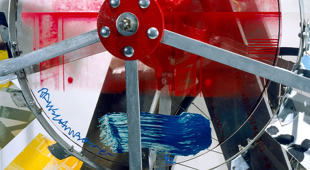 Detail of Left: Robert Rauschenberg, Eco-Echo VIII, 1992-93. acrylic and screenprinting ink on aluminum and Lexan, with sonar-activated motor. 88 x 73 x 26 in. Collection of Ruth and Don Saff. Image Courtesy Saff Tech Arts, Photo: George Holzer.