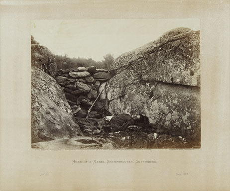 Alexander Gardner (USA, b. Scotland, 1821-1882) Home of a Rebel Sharpshooter, Gettysburg, 1863. albumen, 6 3/4 x 8 3/4 in. (photo: Will Lytch) Courtesy of the Drapkin Collections