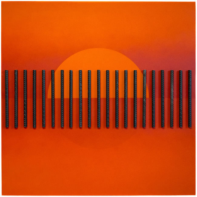 Yiyo Tirado-Rivera (b. 1990, San Juan, PR), Retreat II (Summer), 2024.
polyurethane paint, wood & rebars. 48 x 48 x 3 inches. Courtesy of the artist.

