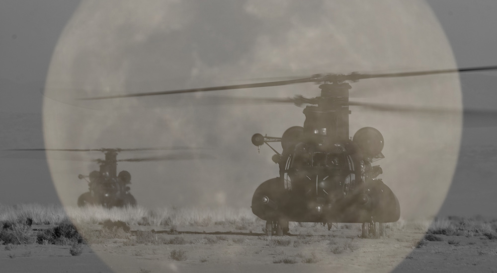 Image: military helicopters in front of the moon. John LeDuc, Night Flight, 2025